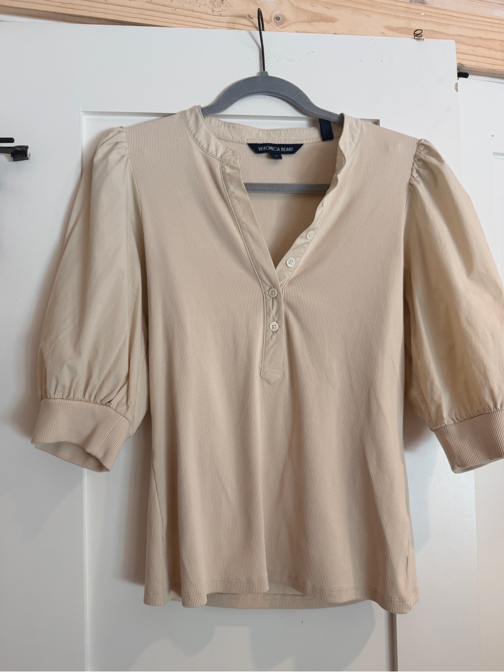 Veronica Beard Beige Puff-Sleeve Coralee Top - Picture 3 of 6